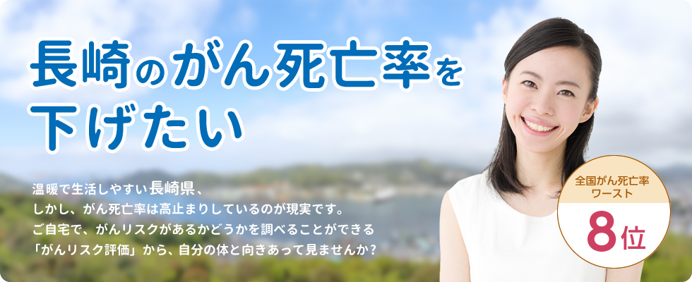 長崎のがん死亡率を下げたい 温暖で生活しやすい長崎県、しかし、がん死亡率は高止まりしているのが現実です。ご自宅で、がんリスクがあるかどうかを調べることができる「がんリスク評価」から、自分の体と向きあって見ませんか? 全国がん死亡率ワースト8位